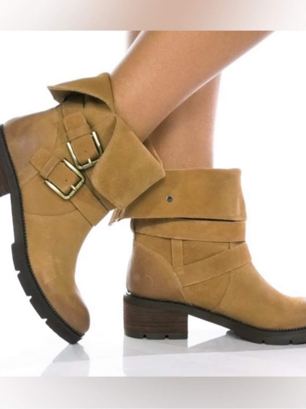 Donald Pliner Saraya Belt Moto Suede Tan Taupe Boots Sz 7